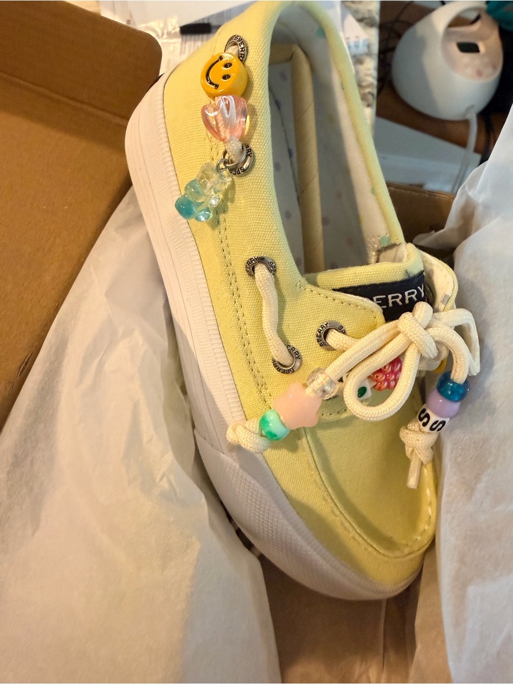 Sperry Kids Light Yellow Canvas Sneaker with Bead Charms